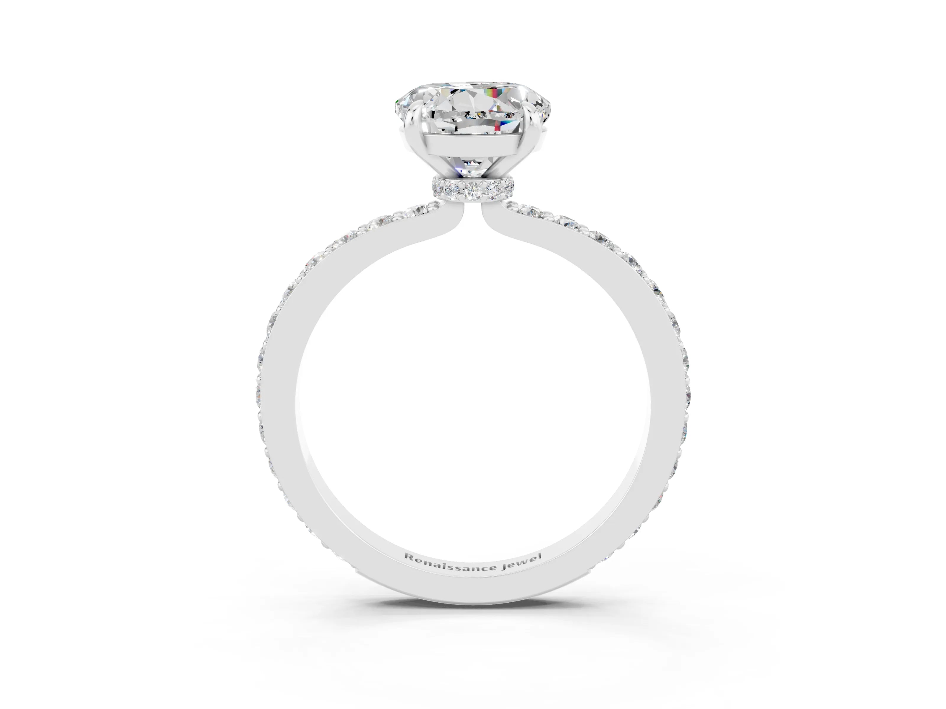 White gold Round Cut Moissanite Solitaire Engagement Ring with Pavé Band and Four-Prong Setting_3