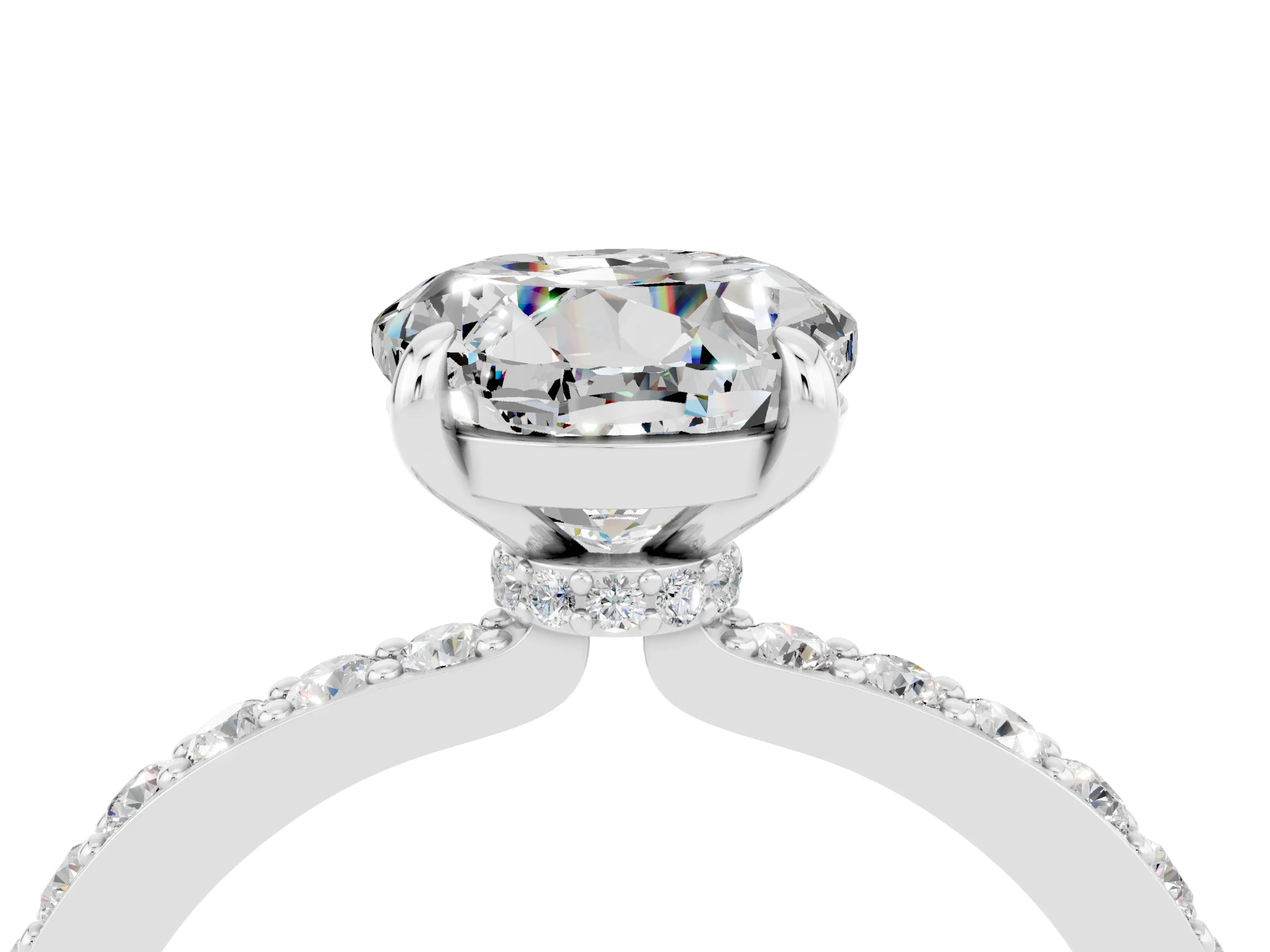 White gold Round Cut Moissanite Solitaire Engagement Ring with Pavé Band and Four-Prong Setting_4