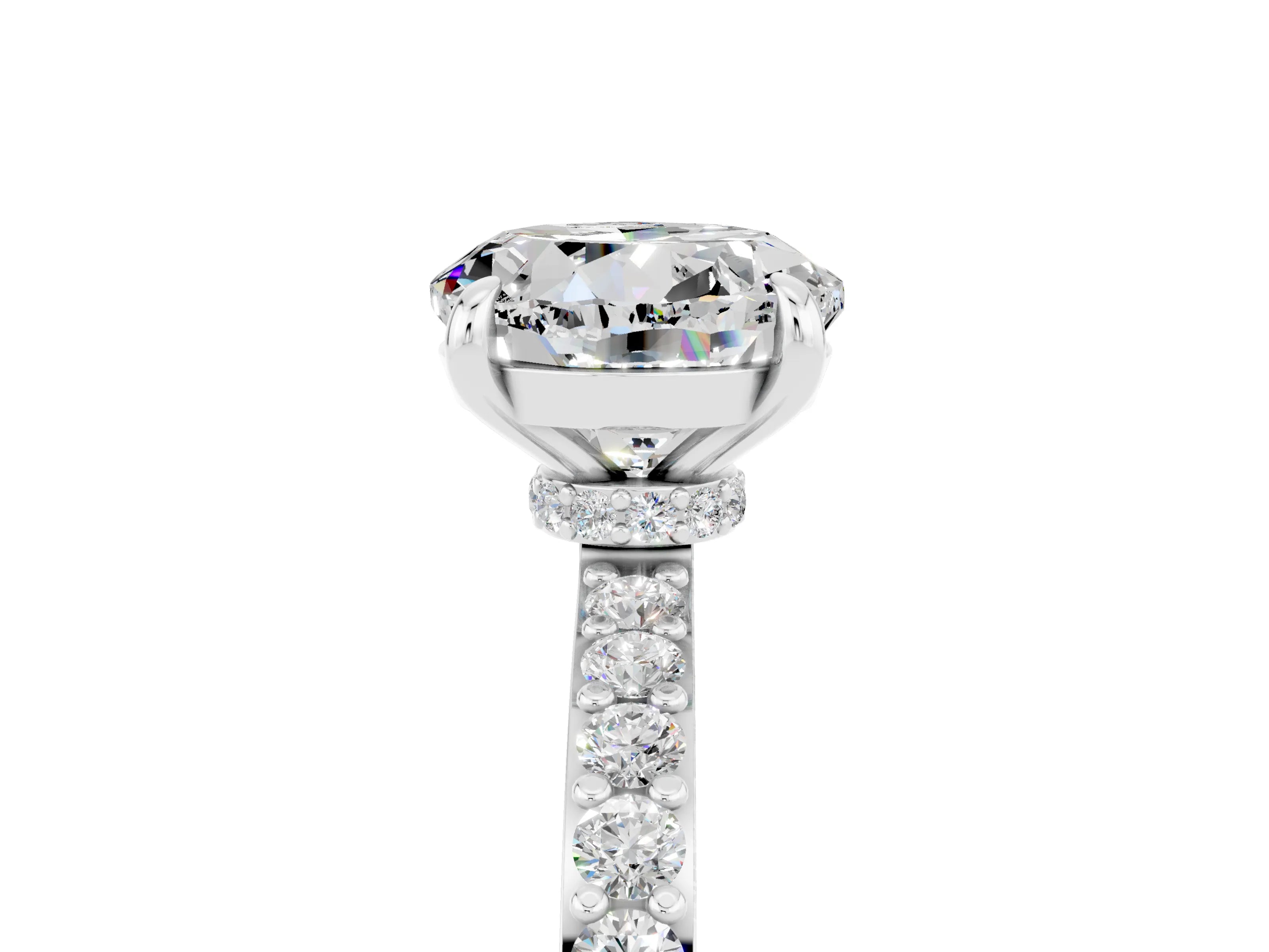 White gold Round Cut Moissanite Solitaire Engagement Ring with Pavé Band and Four-Prong Setting_5