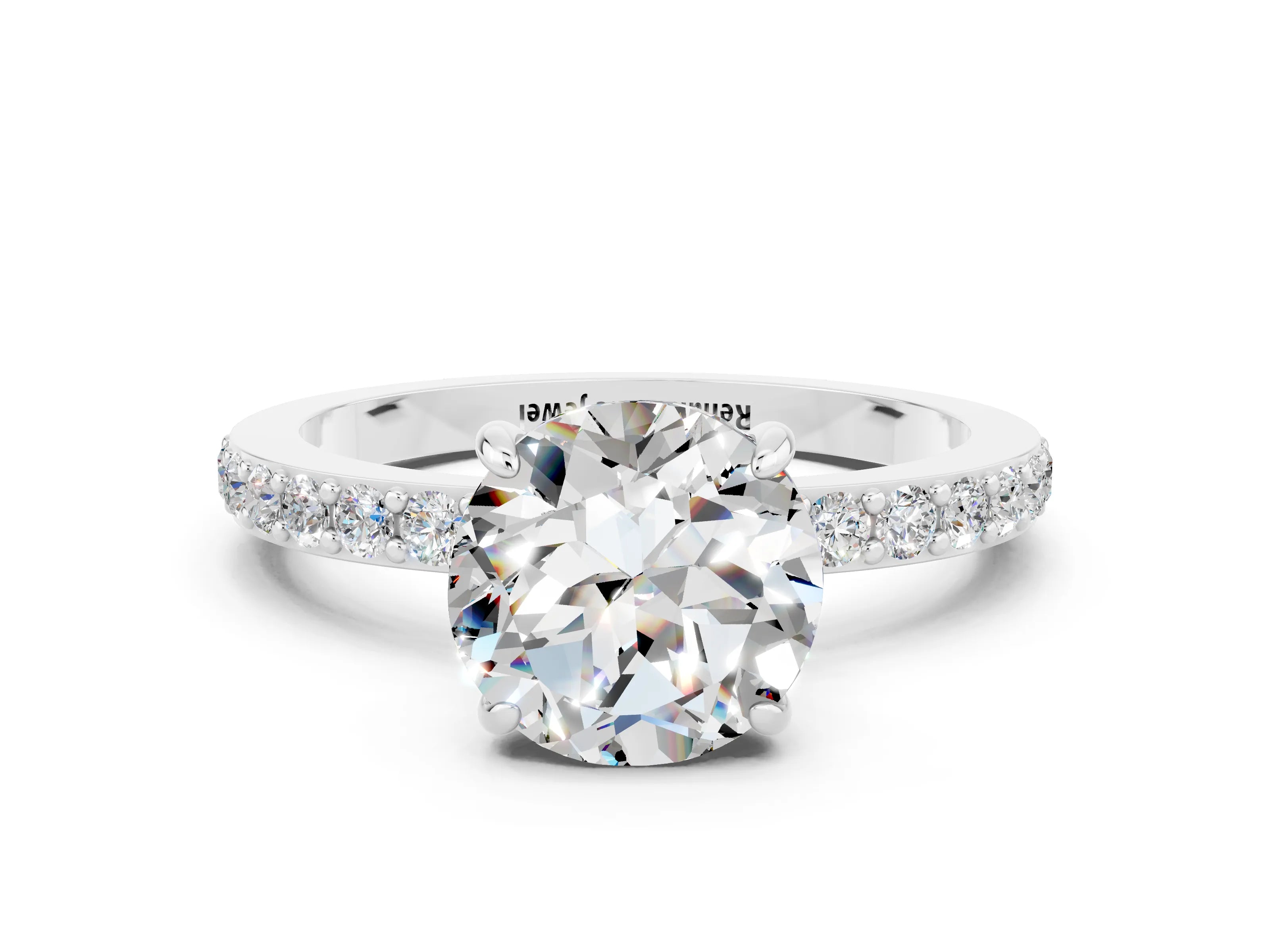 White gold Round Cut Moissanite Solitaire Engagement Ring with Pavé Band and Four-Prong Setting