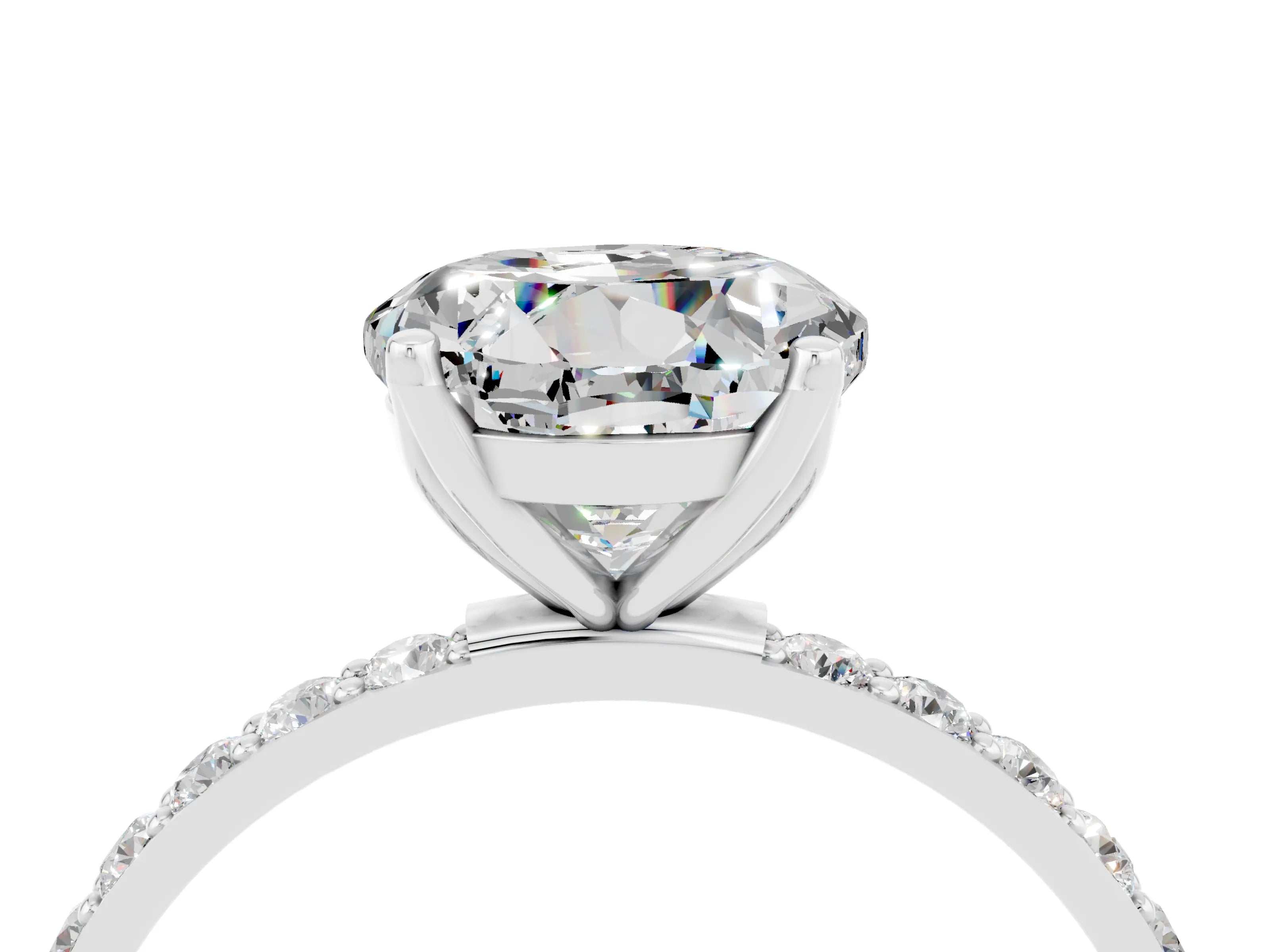 White gold Round Cut Moissanite Solitaire Engagement Ring with Pavé Band and Prong Setting_4