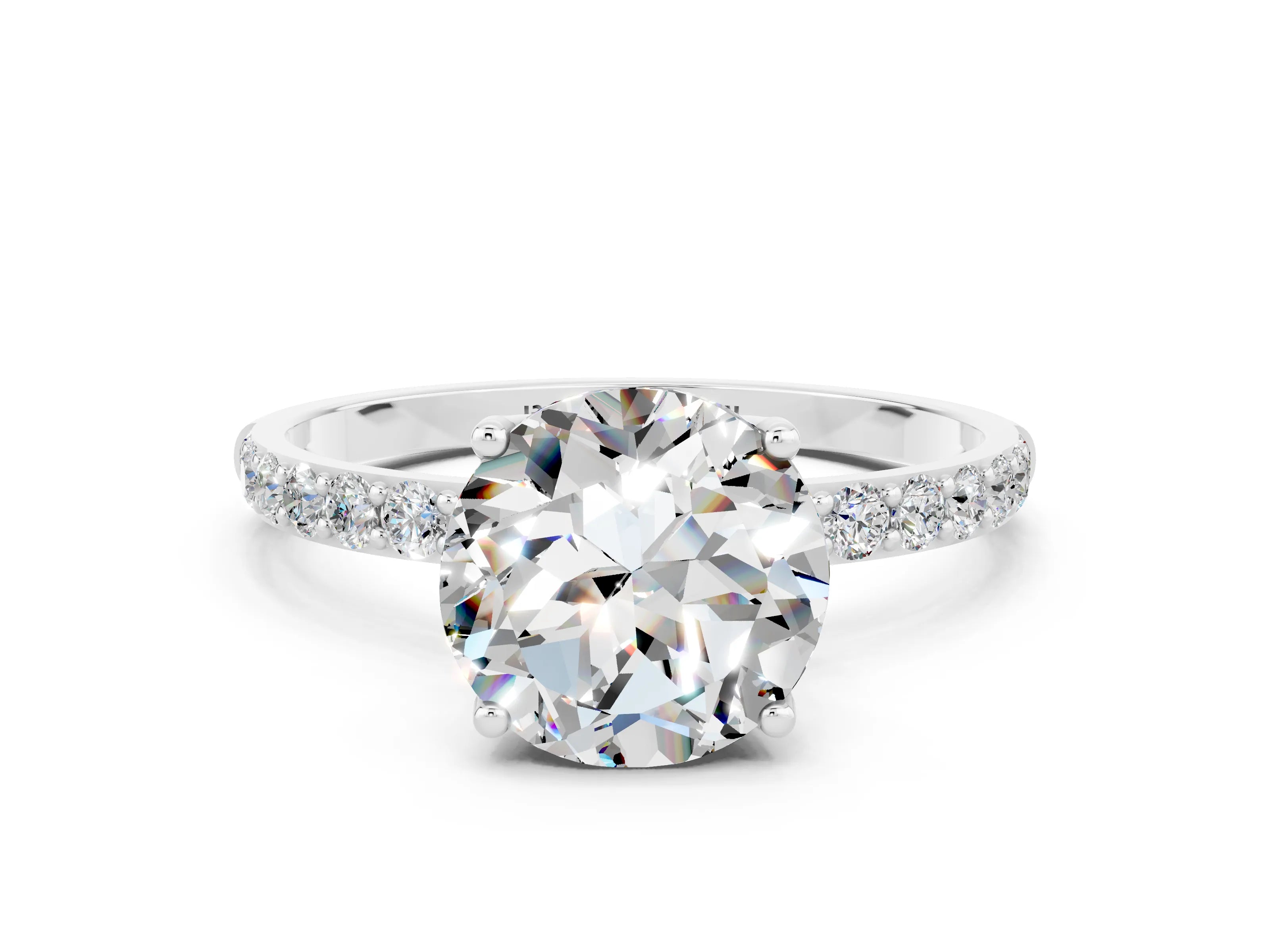 White gold Round Cut Moissanite Solitaire Engagement Ring with Pavé Band and Prong Setting
