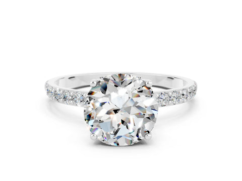 White gold Round Cut Moissanite Solitaire Engagement Ring with Pavé Band and Prong Setting