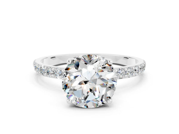 White gold Round Cut Moissanite Solitaire Engagement Ring with Round  Pavé Band and Prong Setting