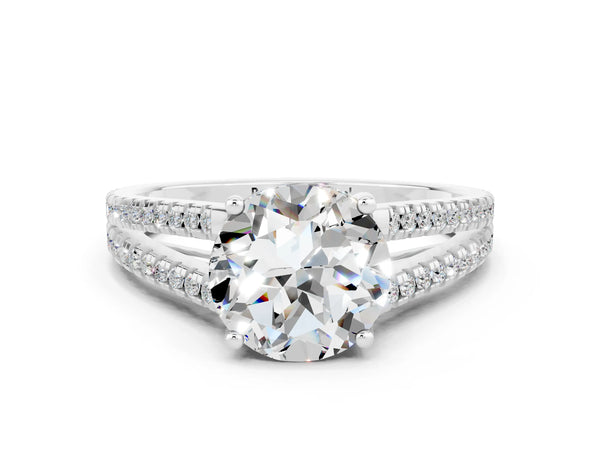 White gold Round Cut Moissanite Solitaire Engagement Ring with Split Shank Pavé Band
