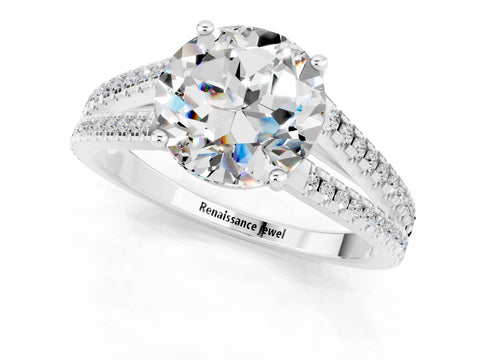 White gold Round Cut Moissanite Solitaire Engagement Ring with Split Shank Pavé Band_1