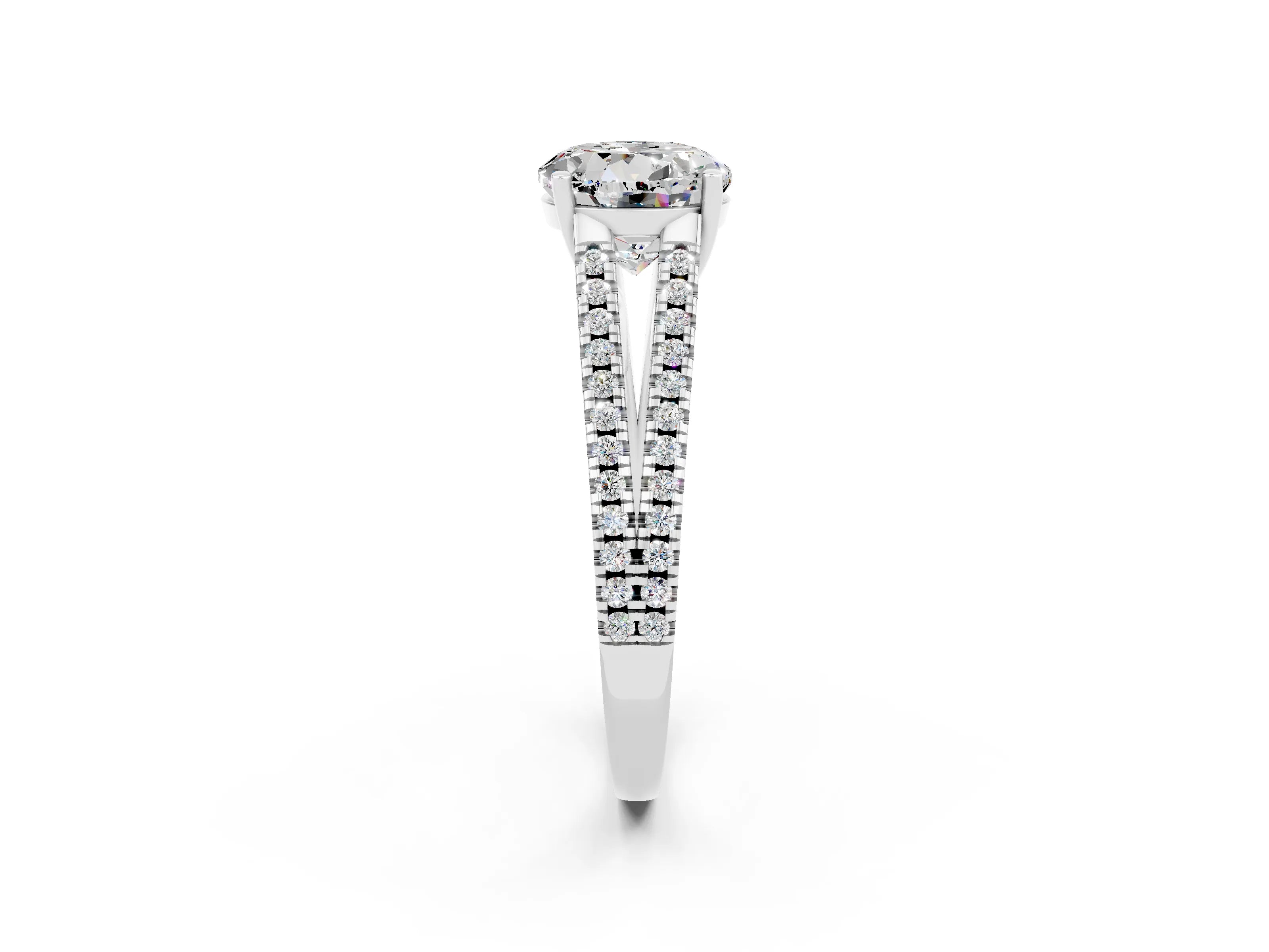 White gold Round Cut Moissanite Solitaire Engagement Ring with Split Shank Pavé Band_2