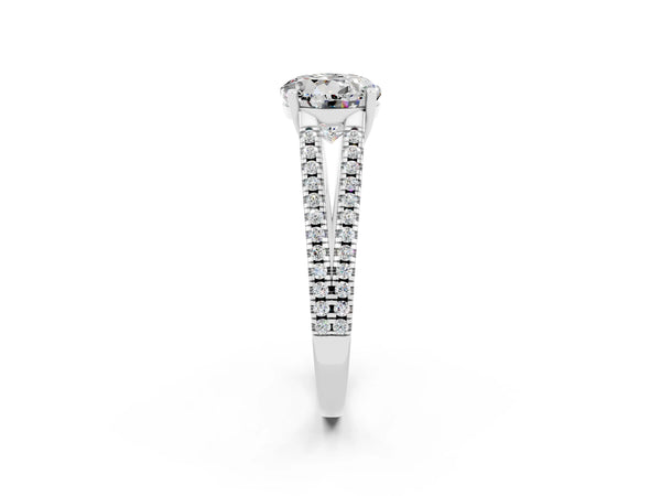 Silver Round Cut Moissanite Solitaire Engagement Ring with Split Shank Pavé Band