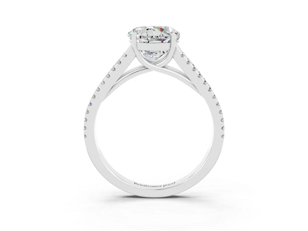 Silver Round Cut Moissanite Solitaire Engagement Ring with Split Shank Pavé Band