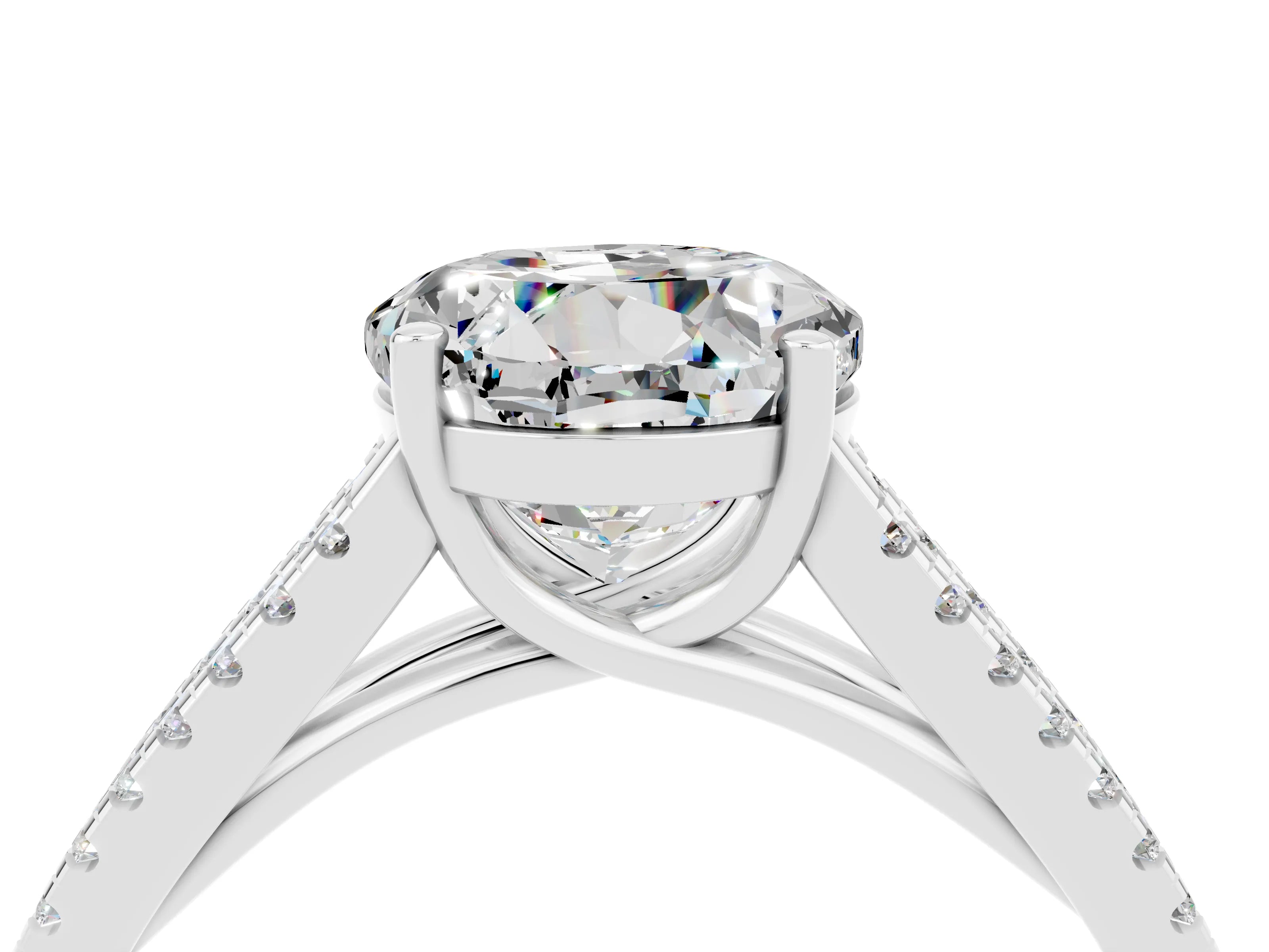 White gold Round Cut Moissanite Solitaire Engagement Ring with Split Shank Pavé Band_4