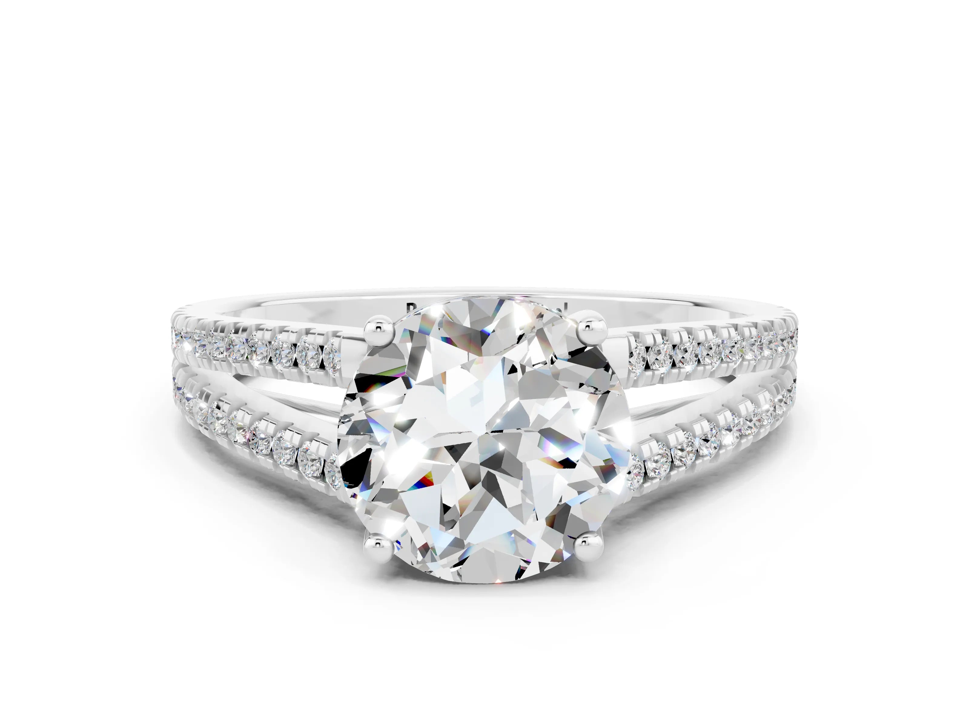 White gold Round Cut Moissanite Solitaire Engagement Ring with Split Shank Pavé Band