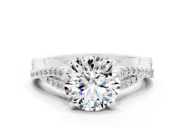 White gold Round Cut Moissanite Solitaire Engagement Ring with Twisted Pavé Band and Four-Prong Setting