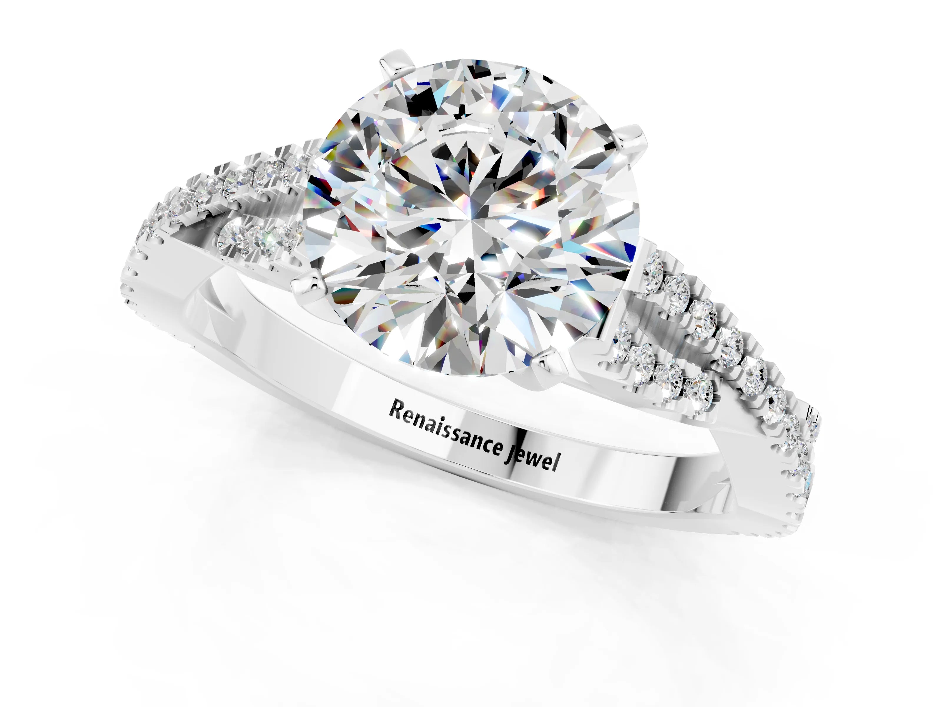 White gold Round Cut Moissanite Solitaire Engagement Ring with Twisted Pavé Band and Four-Prong Setting_13