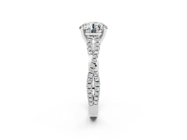 White gold Round Cut Moissanite Solitaire Engagement Ring with Twisted Pavé Band and Four-Prong Setting