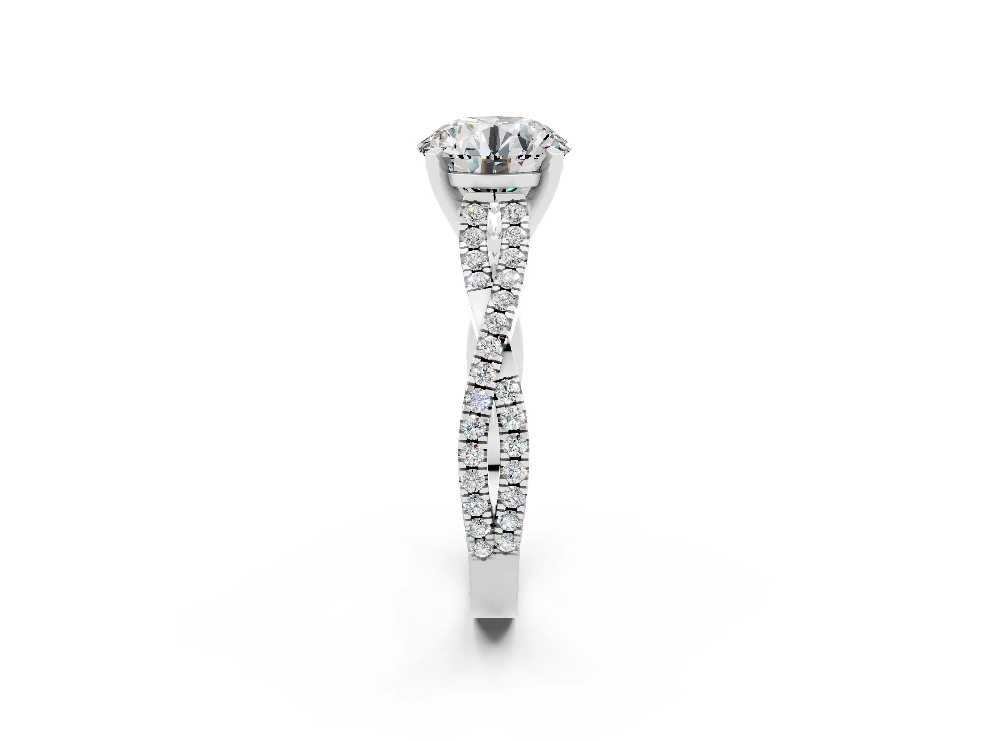 White gold Round Cut Moissanite Solitaire Engagement Ring with Twisted Pavé Band and Four-Prong Setting_14