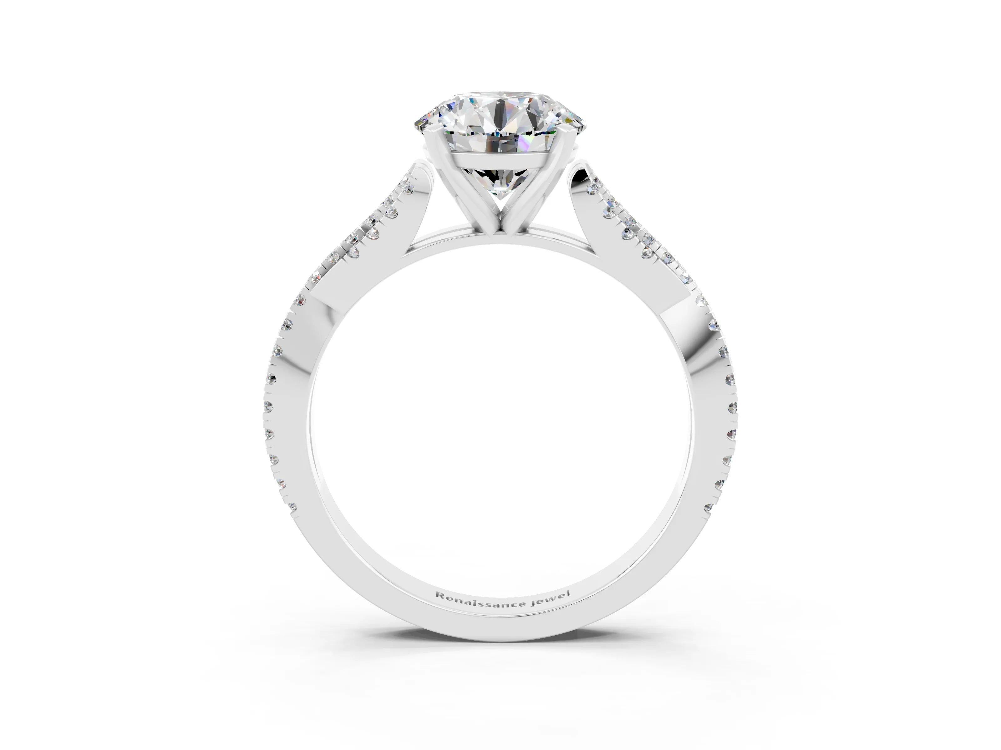 White gold Round Cut Moissanite Solitaire Engagement Ring with Twisted Pavé Band and Four-Prong Setting_15
