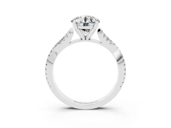 Silver Round Cut Moissanite Solitaire Engagement Ring with Twisted Pavé Band and Four-Prong Setting