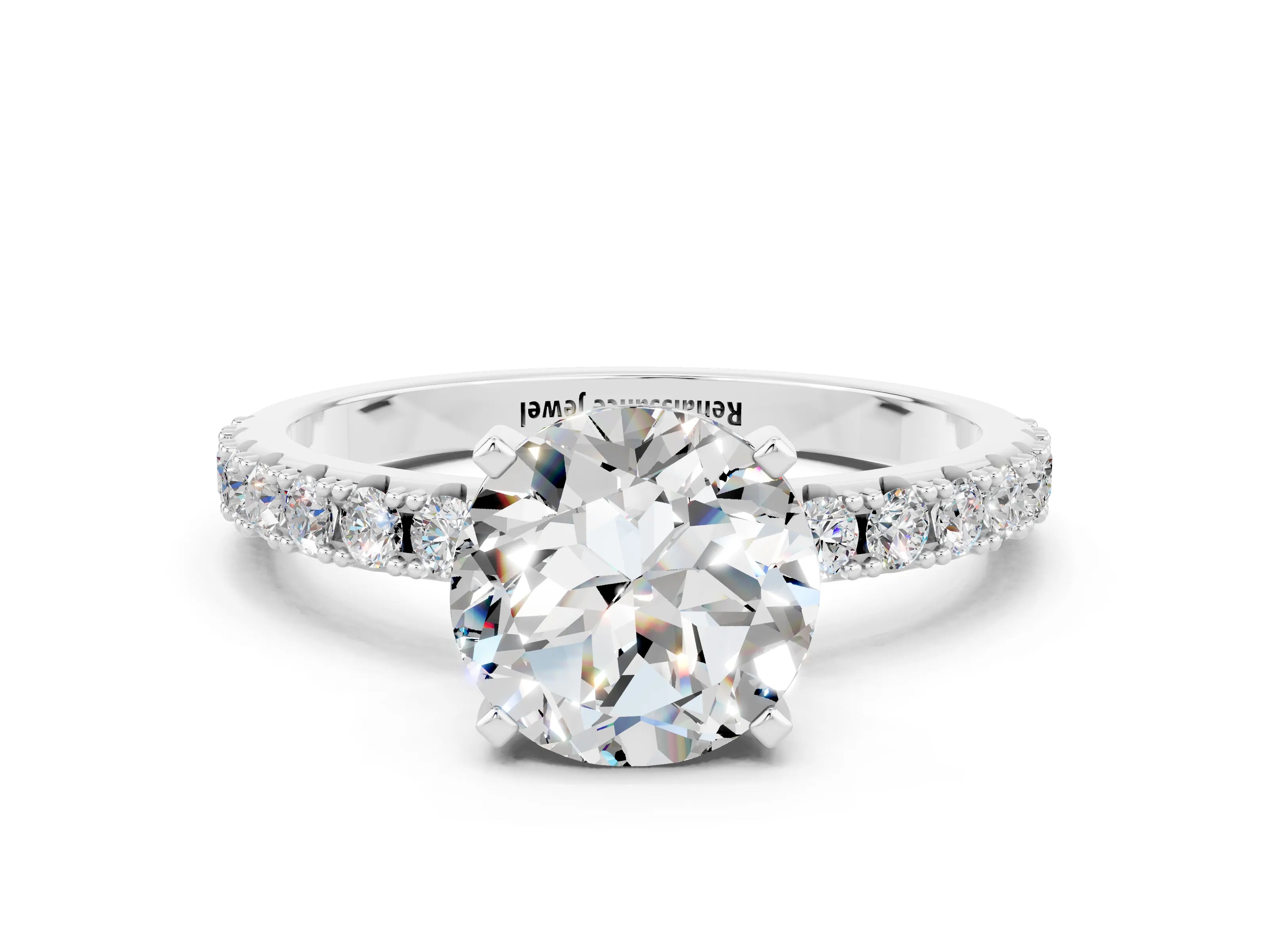 White gold Round Cut Moissanite Solitaire Pavé Band with Four-Prong Setting