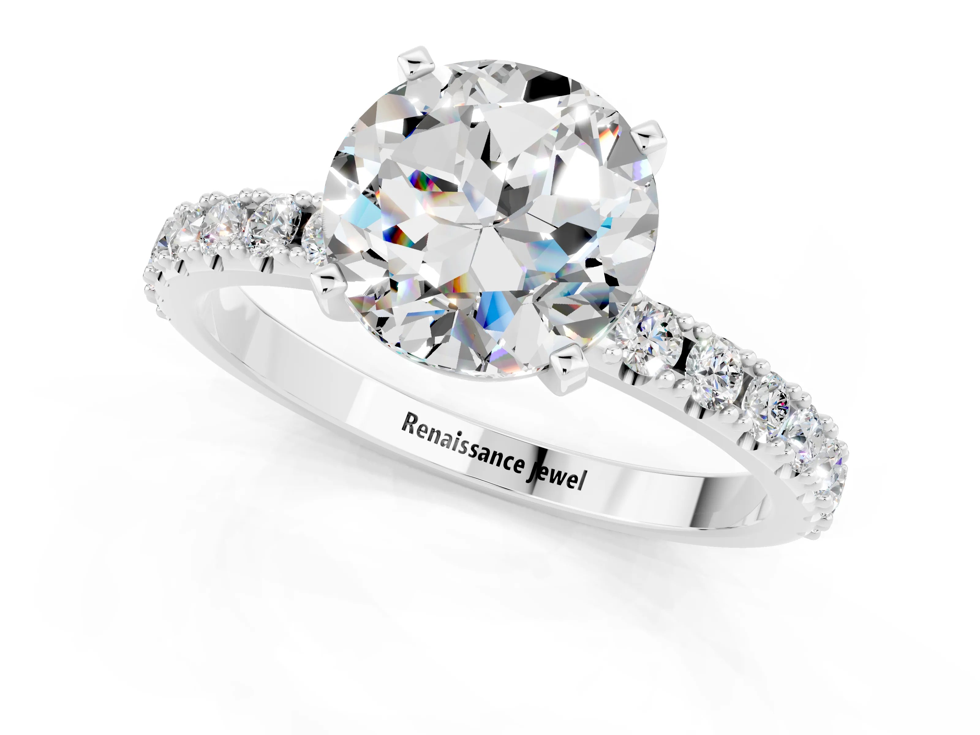 White gold Round Cut Moissanite Solitaire Pavé Band with Four-Prong Setting_1