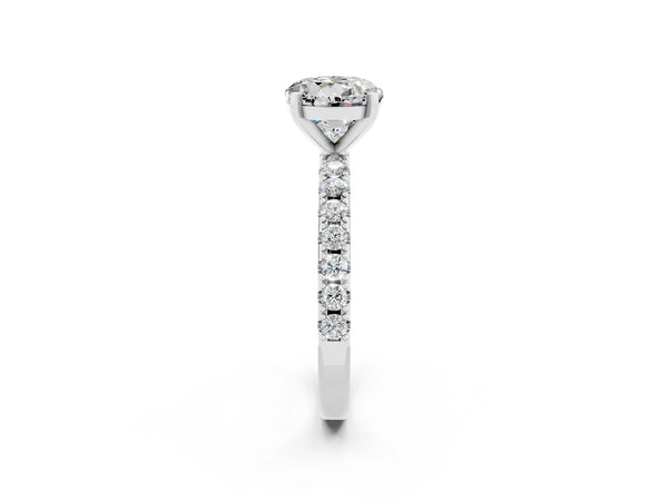 Platinum Round Cut Moissanite Solitaire Pavé Band with Four-Prong Setting