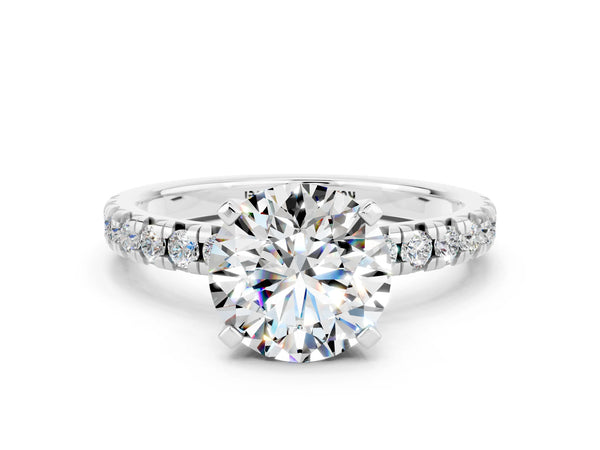 Platinum Round Cut Moissanite Solitaire Pavé Engagement Ring with Round Band and Prong Setting