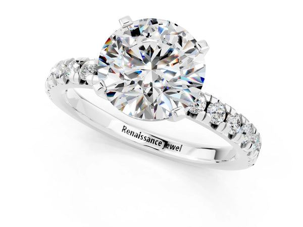 Platinum Round Cut Moissanite Solitaire Pavé Engagement Ring with Round Band and Prong Setting