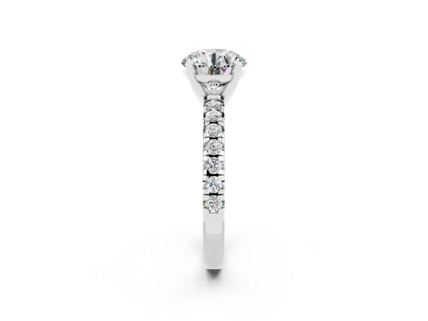Platinum Round Cut Moissanite Solitaire Pavé Engagement Ring with Round Band and Prong Setting