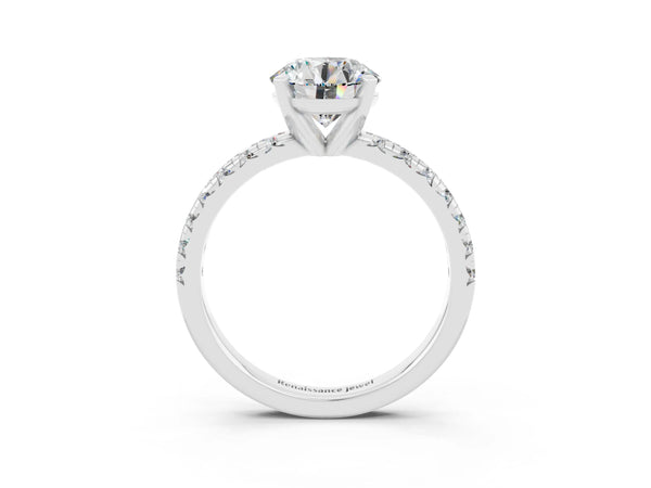 Platinum Round Cut Moissanite Solitaire Pavé Engagement Ring with Round Band and Prong Setting