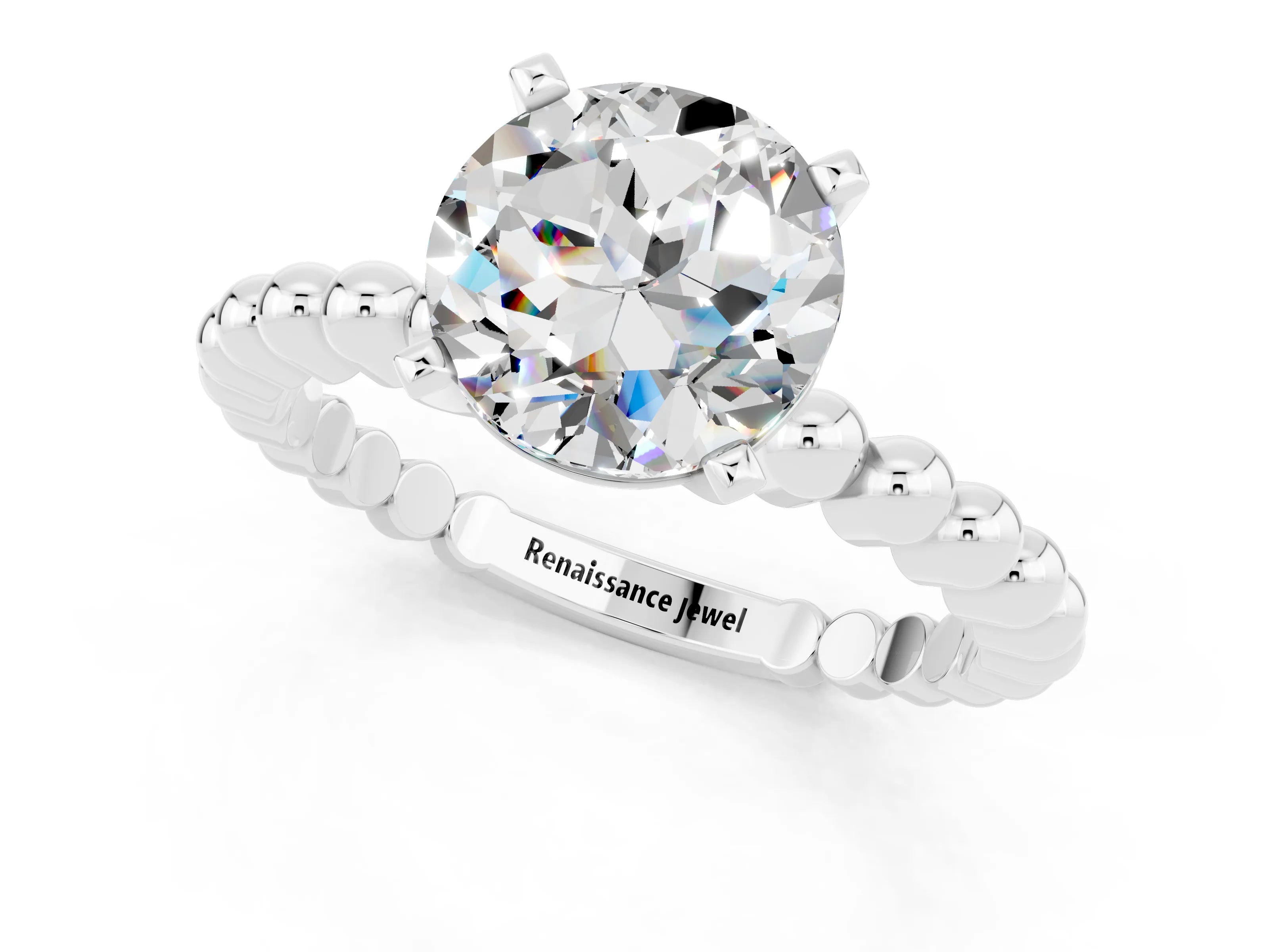 White gold Round Cut Moissanite Solitaire Ring with Beaded Band and Prong Setting_1