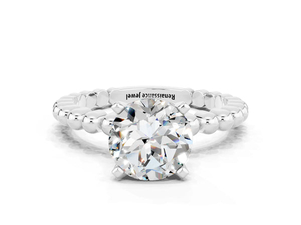 White gold Round Cut Moissanite Solitaire Ring with Beaded Band and Prong Setting