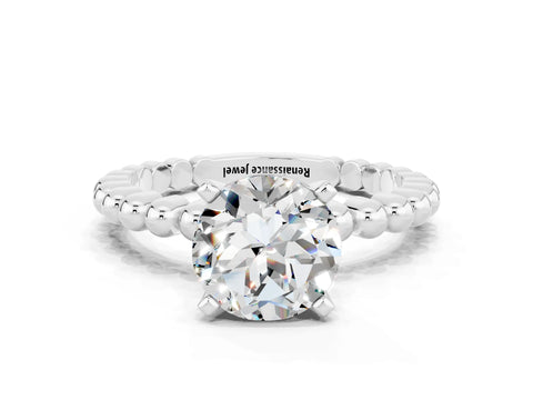 White gold Round Cut Moissanite Solitaire Ring with Beaded Band and Prong Setting_12
