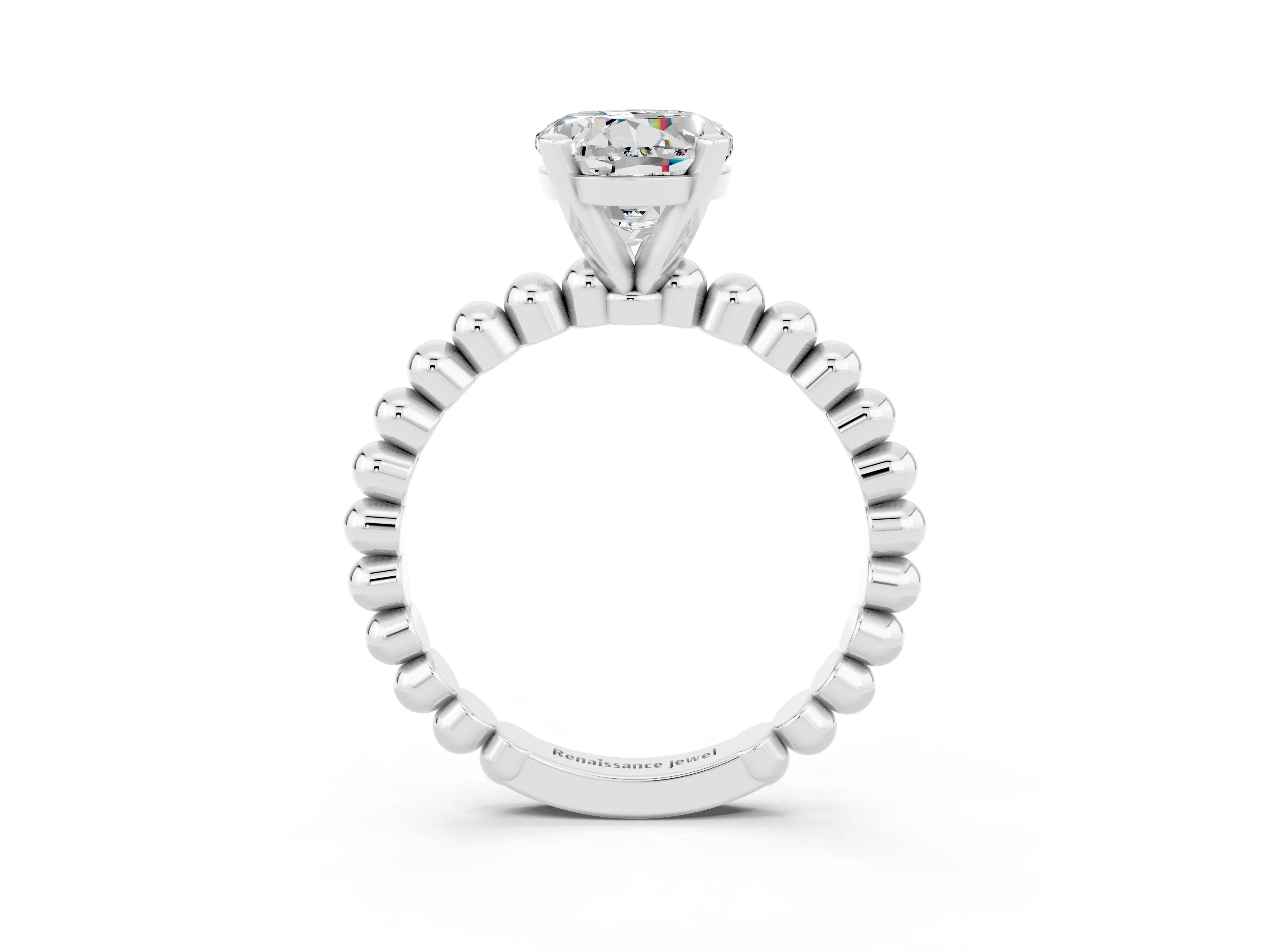 White gold Round Cut Moissanite Solitaire Ring with Beaded Band and Prong Setting_15