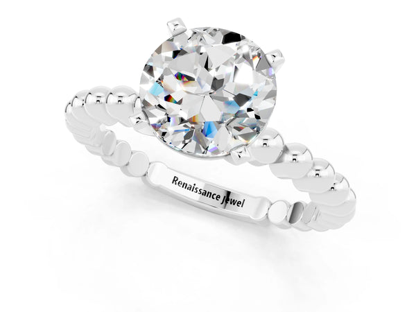 Silver Round Cut Moissanite Solitaire Ring with Beaded Band and Prong Setting