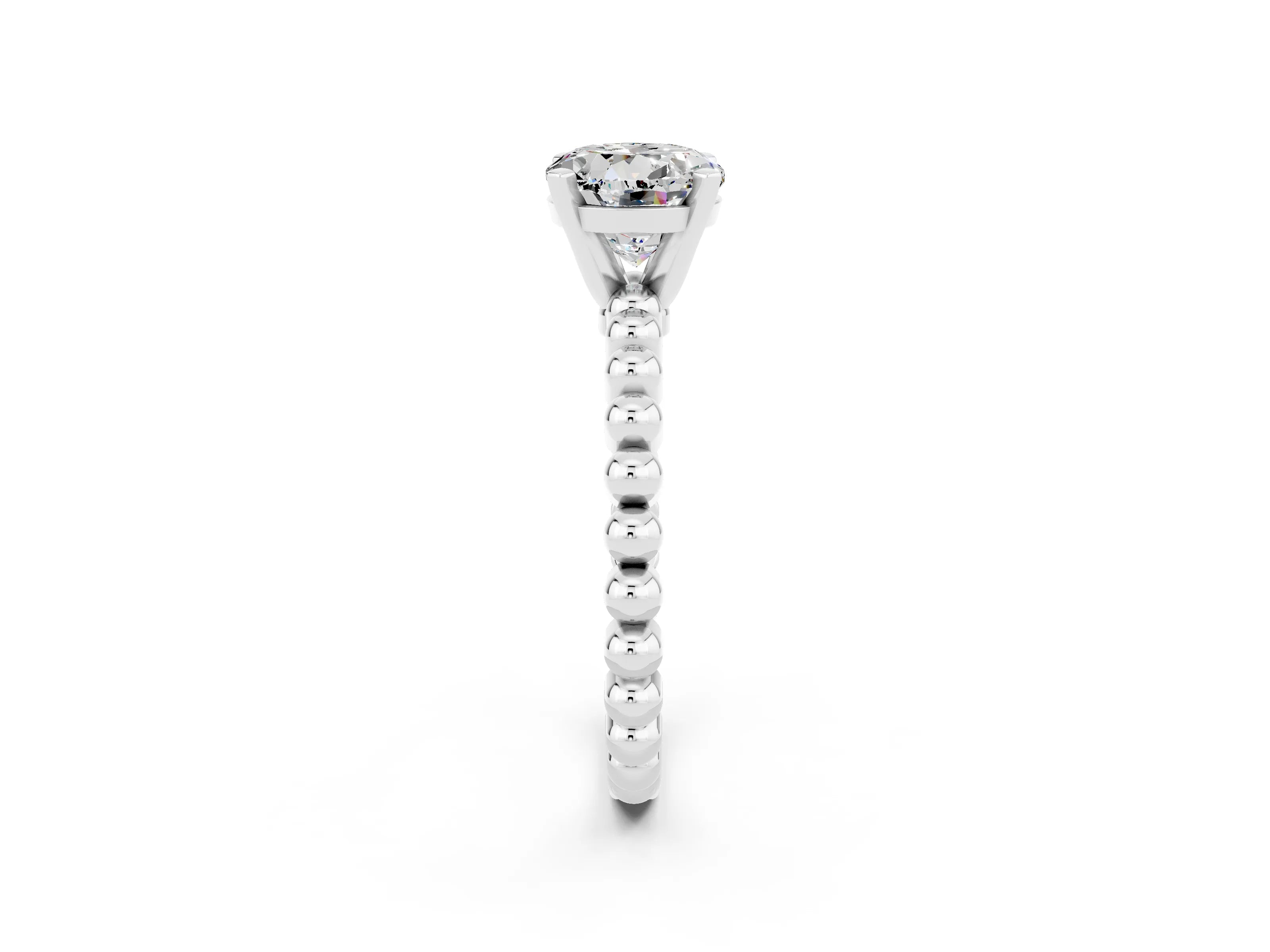 White gold Round Cut Moissanite Solitaire Ring with Beaded Band and Prong Setting_2