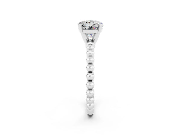 Platinum Round Cut Moissanite Solitaire Ring with Beaded Band and Prong Setting
