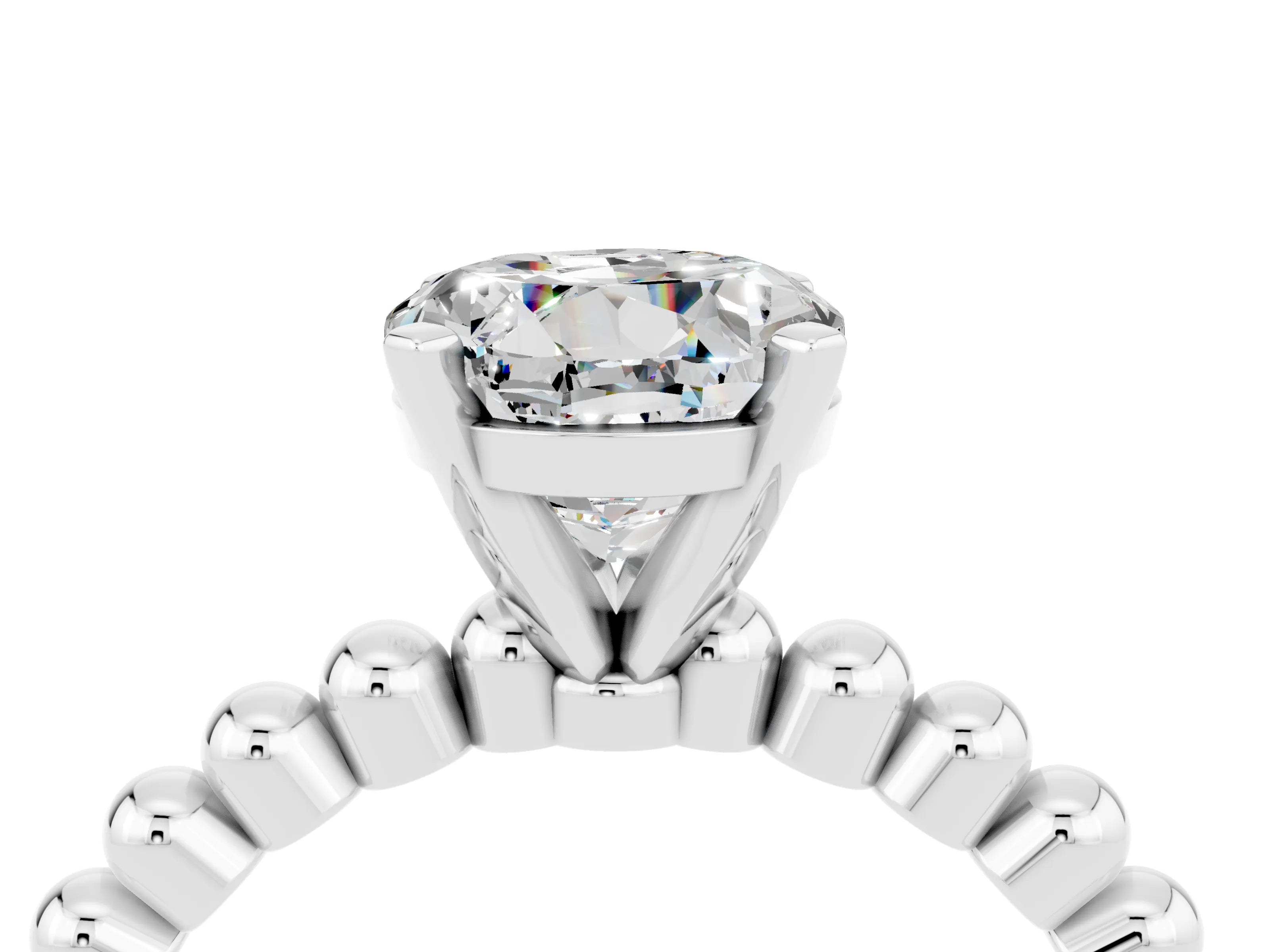 White gold Round Cut Moissanite Solitaire Ring with Beaded Band and Prong Setting_4