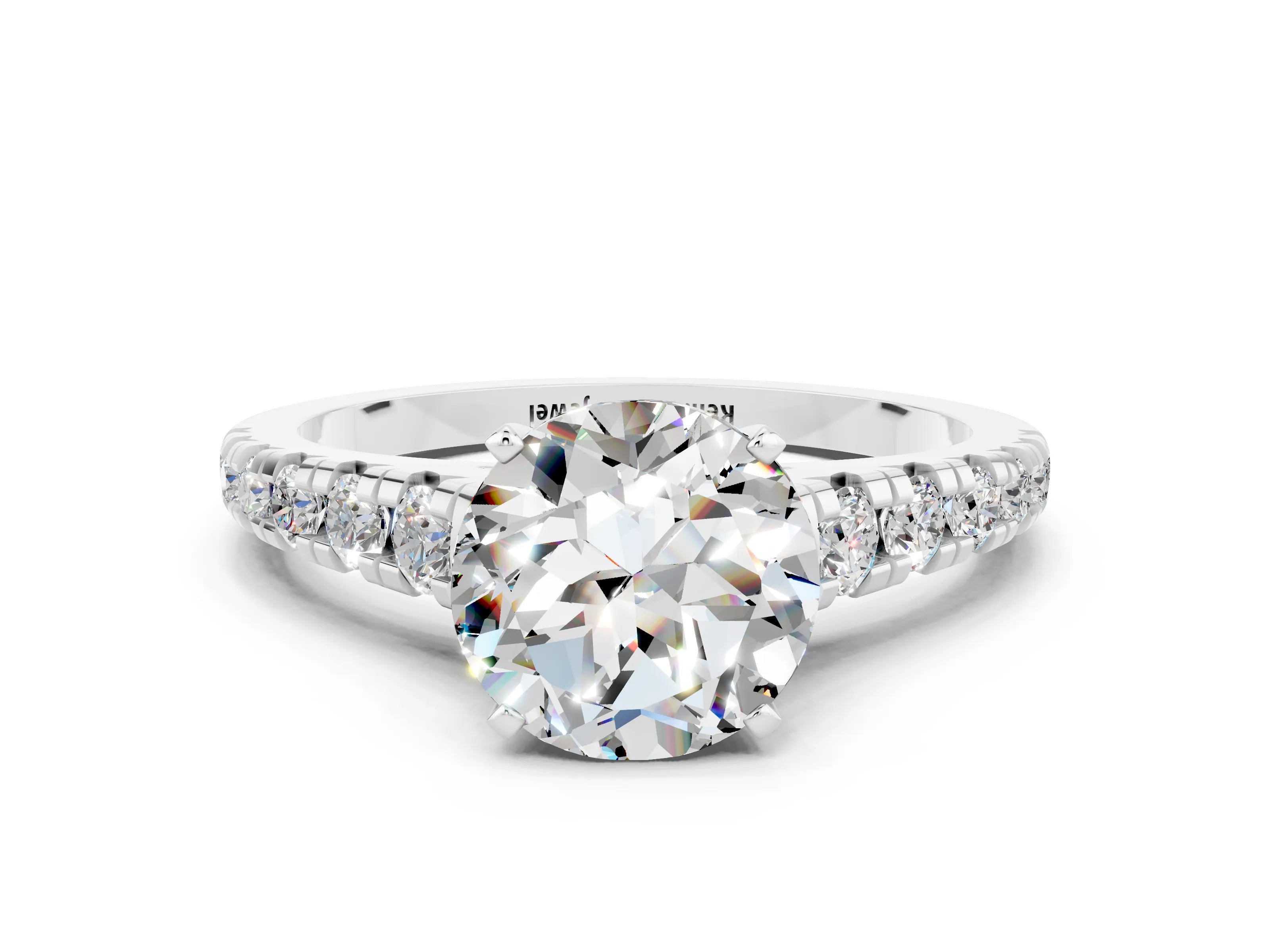 White gold Round Cut Moissanite Solitaire Ring with Cathedral Setting and Pavé Band