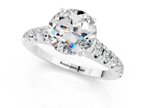 White gold Round Cut Moissanite Solitaire Ring with Cathedral Setting and Pavé Band_1