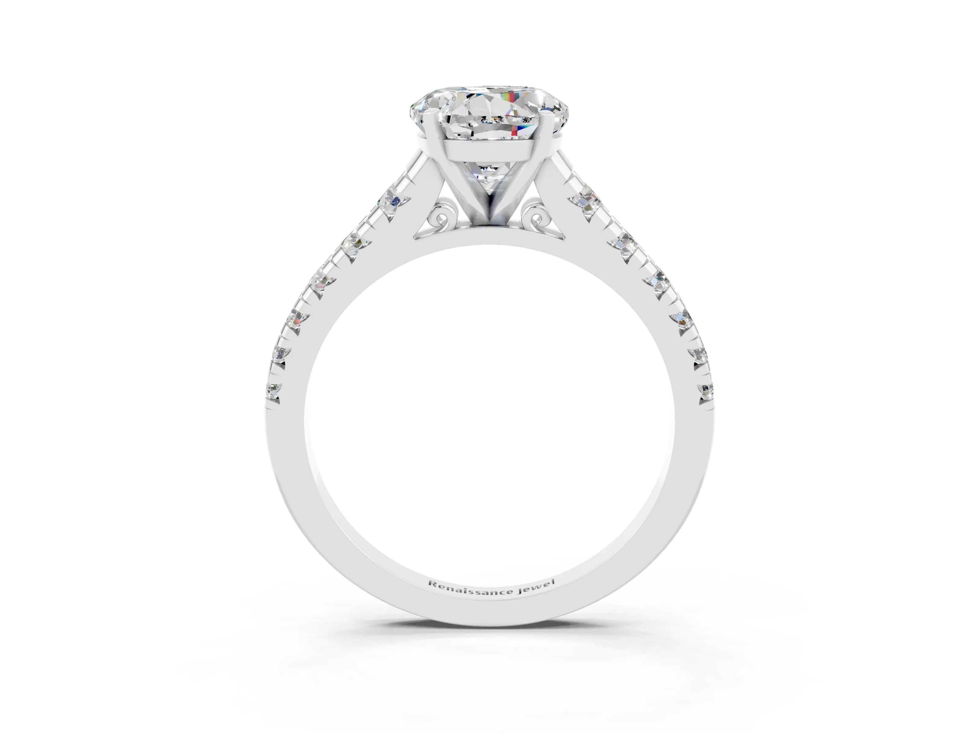 White gold Round Cut Moissanite Solitaire Ring with Cathedral Setting and Pavé Band_3