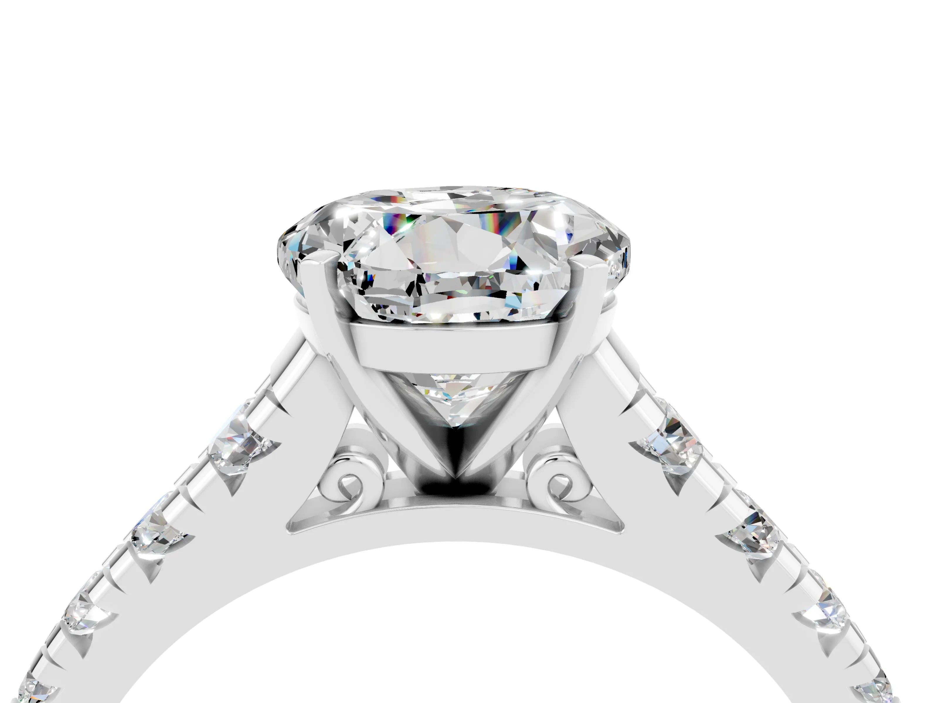 White gold Round Cut Moissanite Solitaire Ring with Cathedral Setting and Pavé Band_4