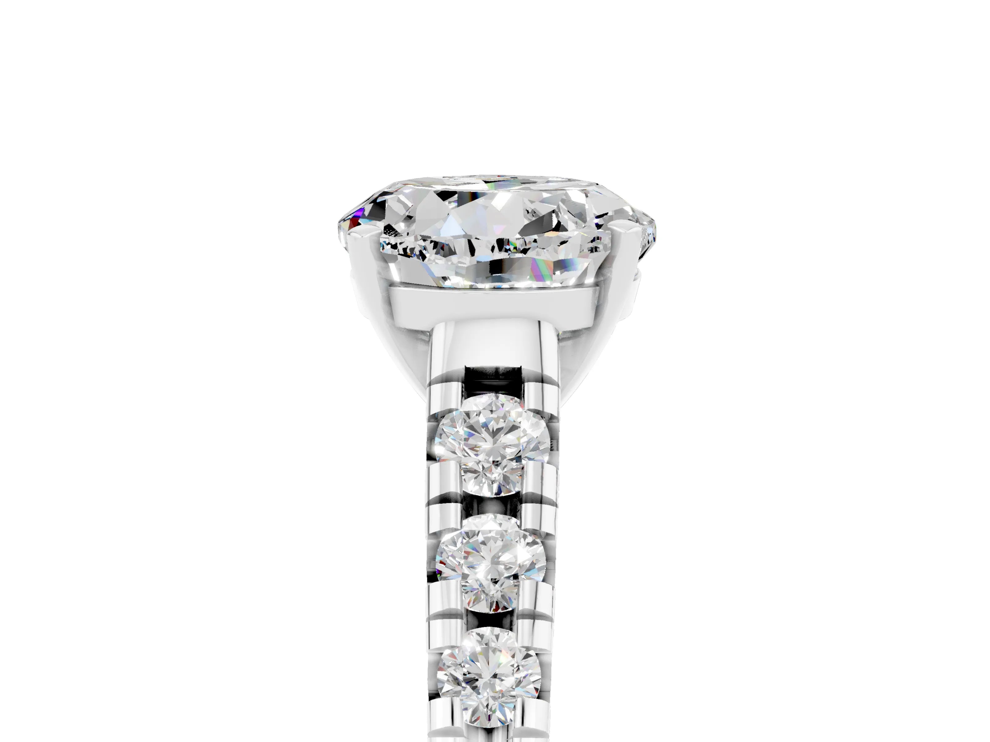 White gold Round Cut Moissanite Solitaire Ring with Cathedral Setting and Pavé Band_5