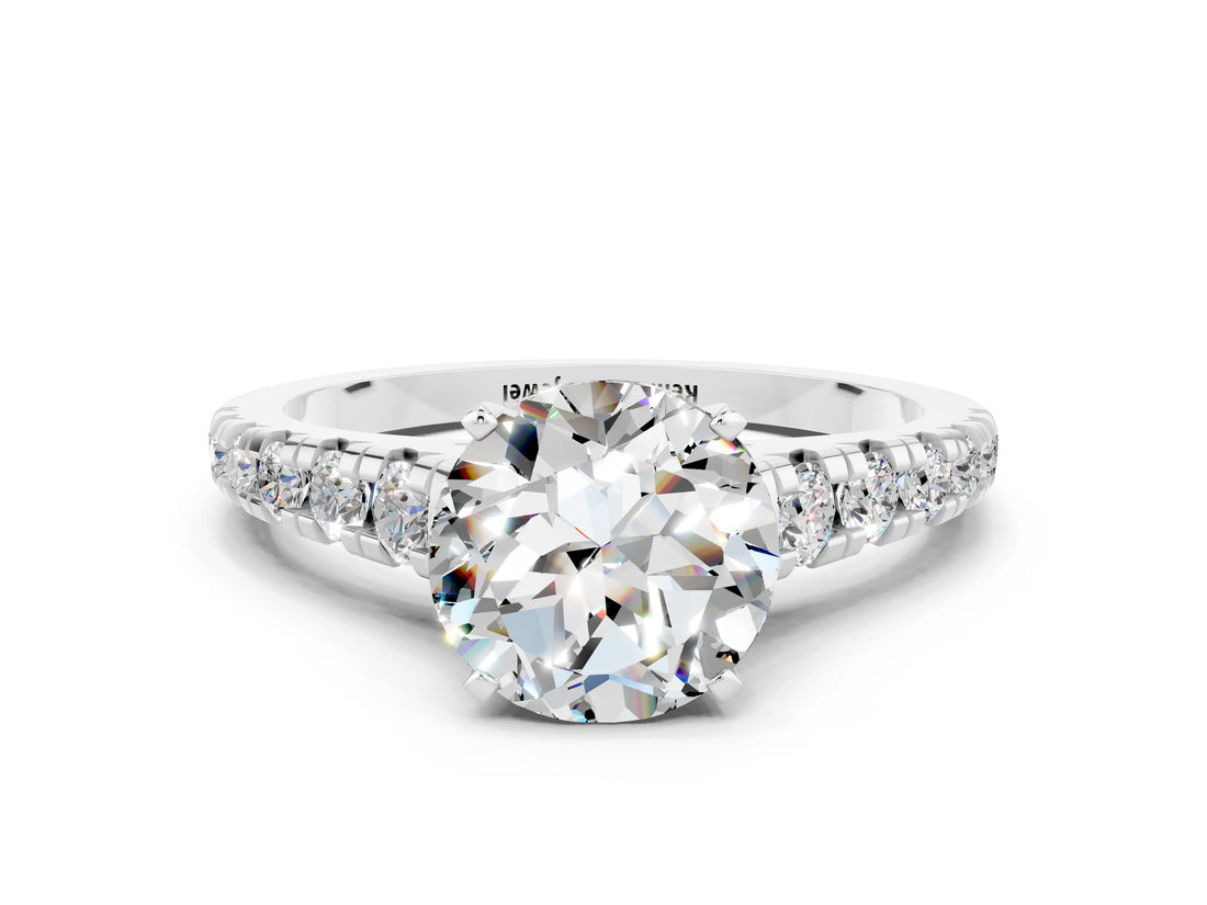 White gold Round Cut Moissanite Solitaire Ring with Cathedral Setting and Pavé Band