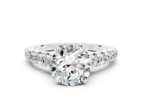 White gold Round Cut Moissanite Solitaire Ring with Cathedral Setting and Pavé Band