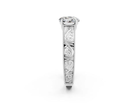 White gold Round Cut Moissanite Solitaire Ring with Engraved Band and Four-Prong Setting_2