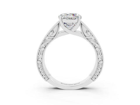 White gold Round Cut Moissanite Solitaire Ring with Engraved Band and Four-Prong Setting_3