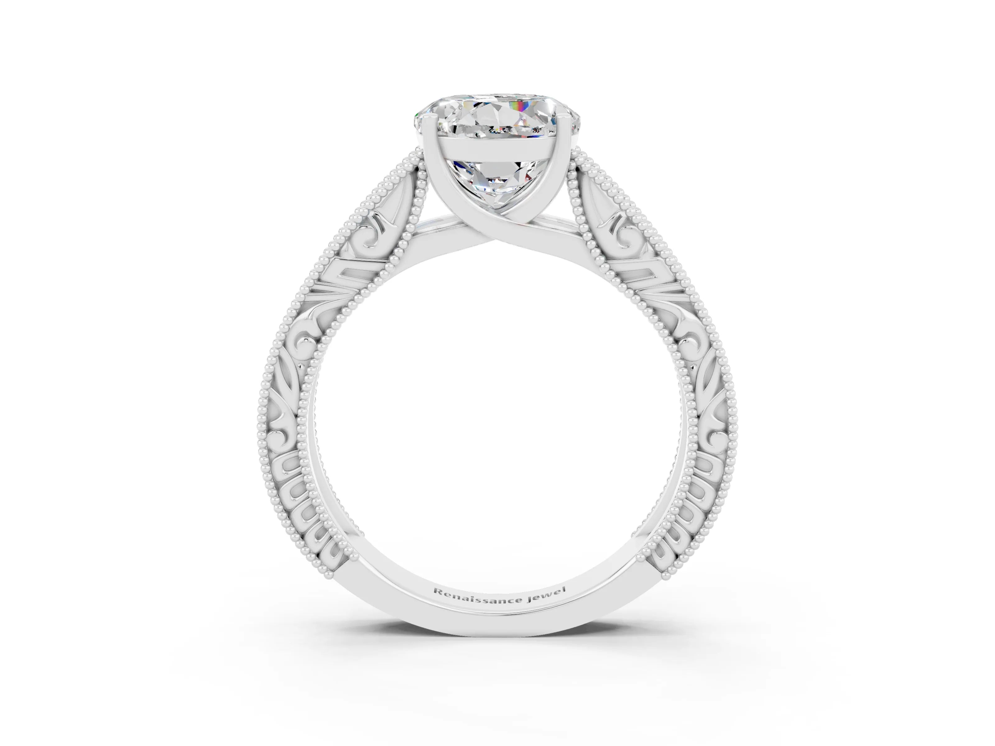 White gold Round Cut Moissanite Solitaire Ring with Engraved Band and Four-Prong Setting_3