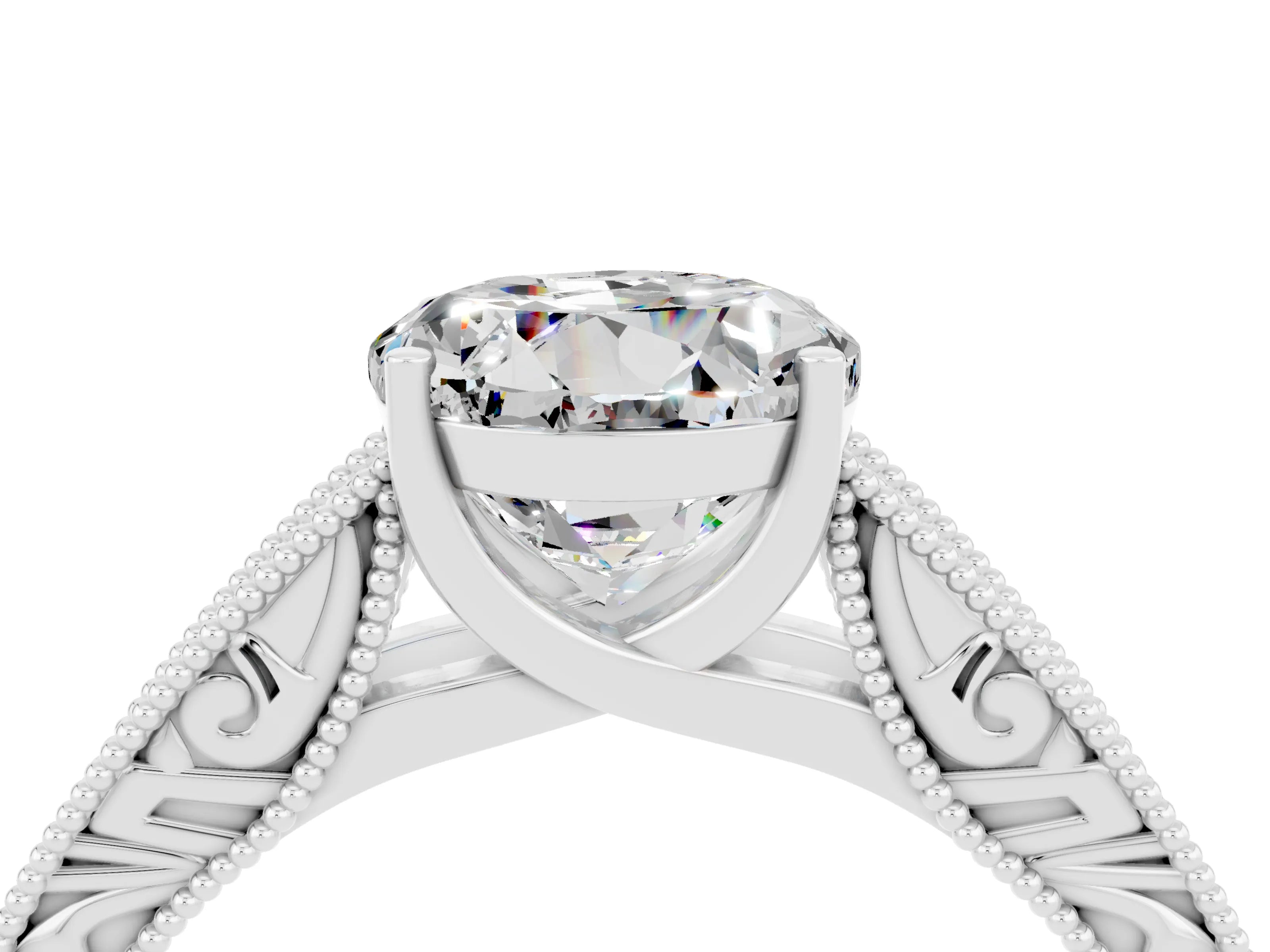 White gold Round Cut Moissanite Solitaire Ring with Engraved Band and Four-Prong Setting_4