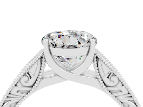 White gold Round Cut Moissanite Solitaire Ring with Engraved Band and Four-Prong Setting_4