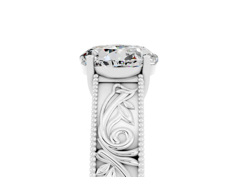 White gold Round Cut Moissanite Solitaire Ring with Engraved Band and Four-Prong Setting_5