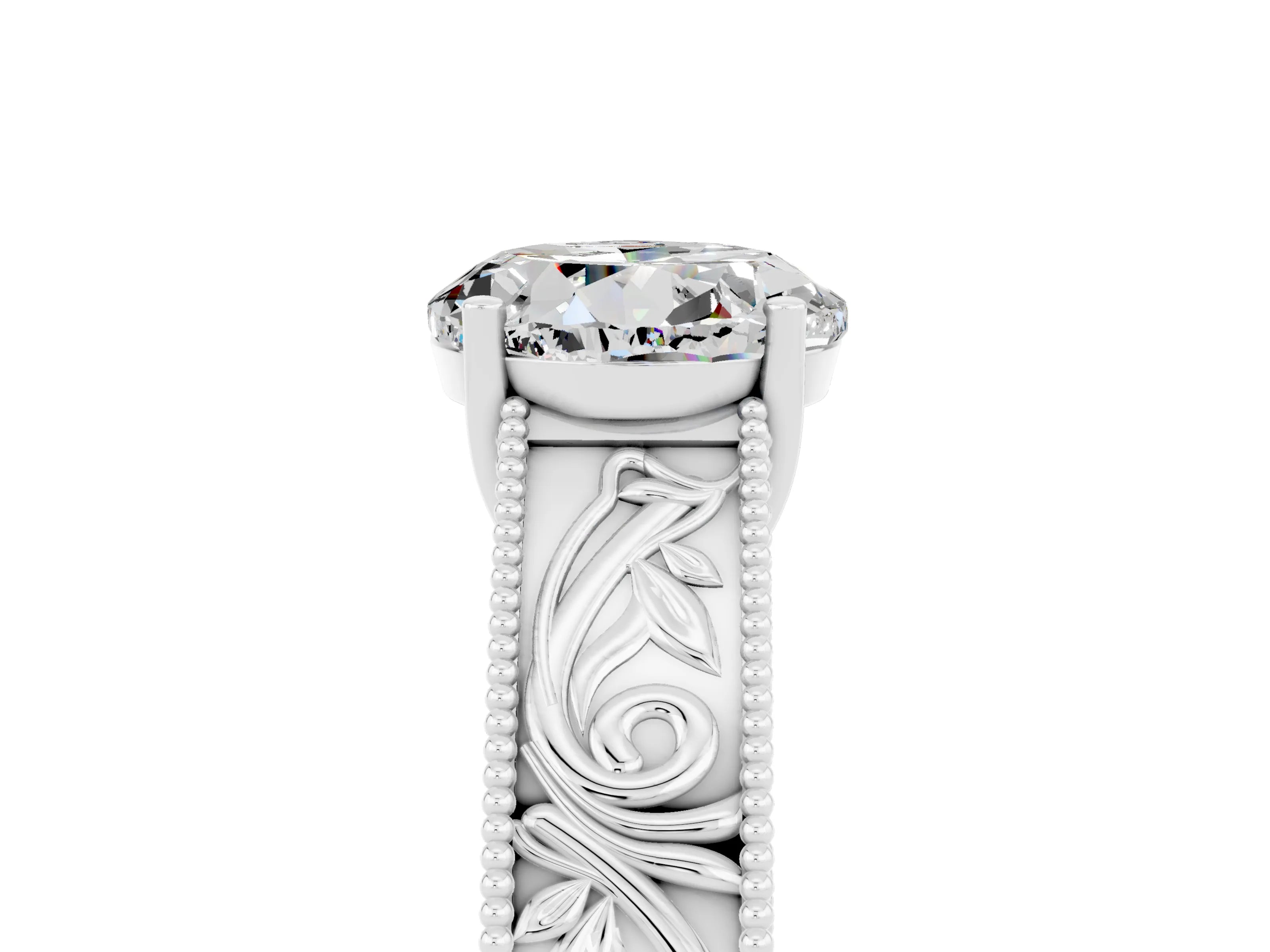 White gold Round Cut Moissanite Solitaire Ring with Engraved Band and Four-Prong Setting_5